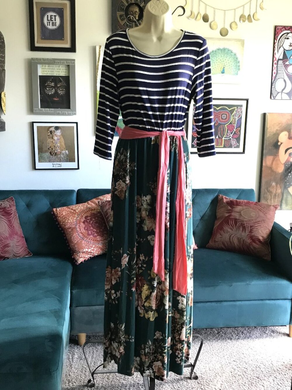 EGS by Eloges size XL Navy Striped Green Floral Coral Sash Jersey Maxi Dress
